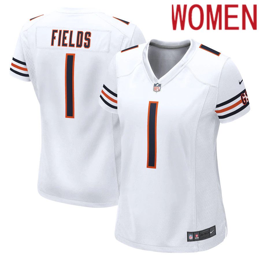 Women Chicago Bears 1 Justin Fields Nike White Game NFL Jersey